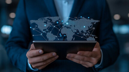 Innovative global communication concept with businessperson holding tablet displaying digital world map. This image captures essence of connectivity and technology in todays business landscape