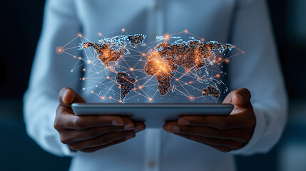 Innovative global communication concept with person holding tablet displaying digital world map. interconnected network symbolizes modern technology and connectivity