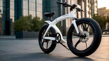 Fototapeta premium A white, futuristic electric bike parked next to a building. The bike's design suggests it's ready for a ride.