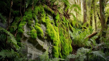 Fototapeta premium Mossy Rock Face in a Sunlit Forest Setting