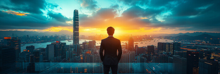 Man in suit looks out over cityscape at sunset.