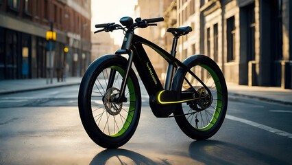 A sleek electric bicycle parked on a city street. The bike is black with vibrant green wheels and accents.