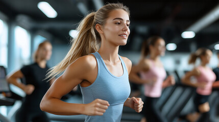 Fototapeta premium Active individuals are running on treadmills in modern gym, showcasing fitness and determination. atmosphere is energetic and motivating, perfect for workout session