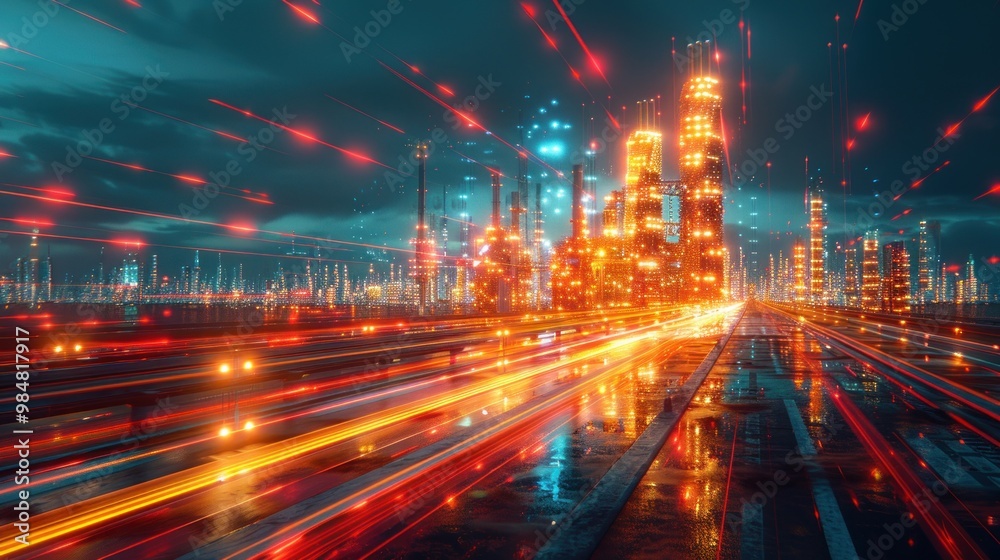 Poster futuristic cityscape with neon lights and traffic