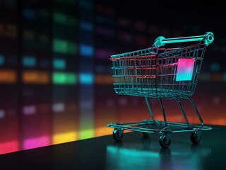 Digital shopping cart on screen with glowing colors.