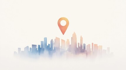 A colorful watercolor illustration of a location pin above a cityscape, symbolizing navigation and mapping