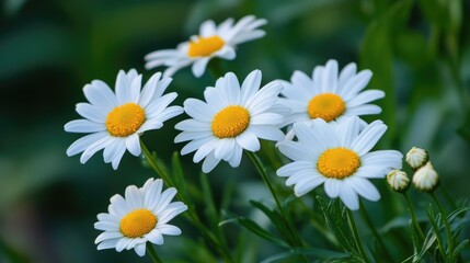 Fototapeta premium A captivating image of a cluster of daisies with bright white petals and a sunny yellow center, highlighting their simple and cheerful beauty.