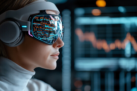 A futuristic woman wearing advanced virtual reality glasses analyzes stock market data, showcasing blend of technology and finance. Her focused expression reflects intensity of monitoring trades