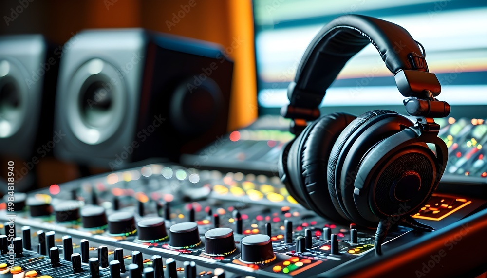 Wall mural Professional podcasting setup highlighting mixing console and headphones in modern studio environment