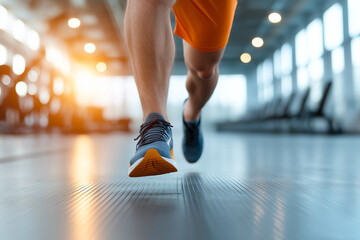 Fototapeta premium Fit man running in gym, showcasing strong legs and athletic shoes. dynamic movement captures essence of fitness and determination in modern workout environment