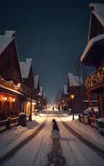 Fototapeta premium Snowy streets of a small town with festive lights and decorated cabins at night