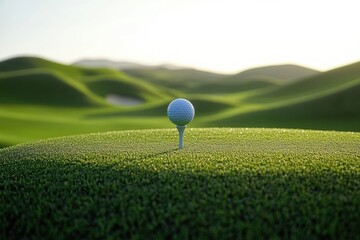 A tee for golfing supporting a ball, surrounded by lush green hills and a sunny, clear atmosphere