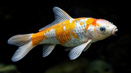 Vibrant koi fish swim gracefully in a serene underwater environment, showcasing their stunning colors in clear water on dark background