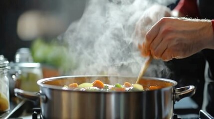 A chef stirring a pot of soup on the stove, with steam rising and vegetables visible in the pot, emphasizing the cooking process and flavors.