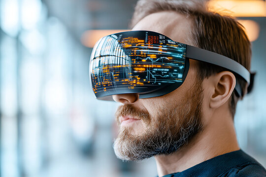 Futuristic man wearing augmented reality glasses, immersed in digital data and trading visuals, showcasing advanced technology and innovation - Powered by Adobe