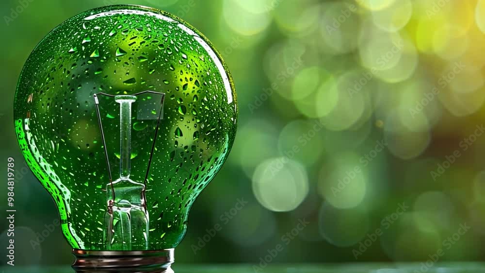 Poster a vibrant green light bulb covered in water droplets rests on a surface, with a beautiful background