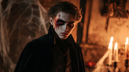 A man dressed as a vampire with pale makeup, fake blood, and a black cape, standing in a dimly lit room with cobwebs and candles.