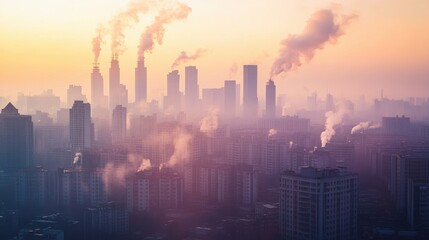 Naklejka premium A city skyline with heavy smog and air pollution, illustrating the impact of global warming and industrial emissions on urban air quality.