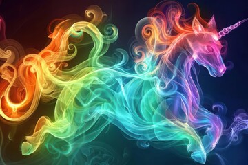 A fantastical animal made of swirling, rainbow-colored smoke, symbolizing imaginative creatures from a dream world