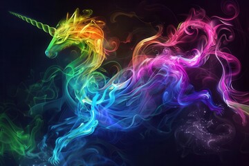 Obraz premium A fantastical animal made of swirling, rainbow-colored smoke, symbolizing imaginative creatures from a dream world