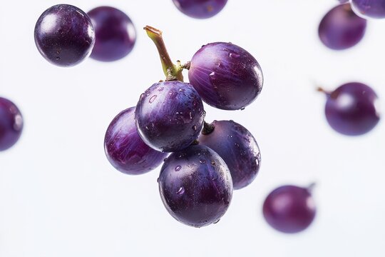 Fresh red grapes falling in mid-air, isolated on a white background, in a close-up view.