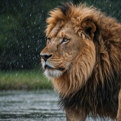 Naklejka premium Majestic lion with stoic expression enduring rainfall against dark background