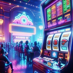 Naklejka premium A colorful slot machine stands prominently in a lively casino, surrounded by neon lights and a bustling crowd. The dynamic colors and exciting ambiance capture the thrill and entertainment of a casino
