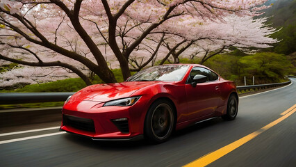 Fototapeta premium This is a high-quality image of a red sports car driving on a road with cherry blossom trees in the background.