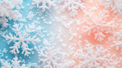 snowflakes on soft gradient winter background mixing cool blue and warm peach tones