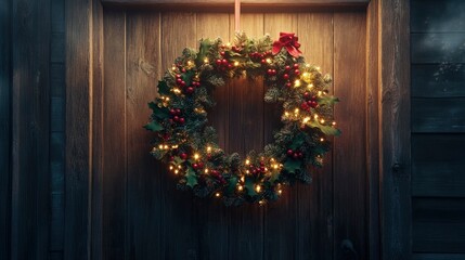 Fototapeta premium A festive wreath made of pine, holly, and berries, glowing with warm holiday lights and hanging on a rustic wooden door.