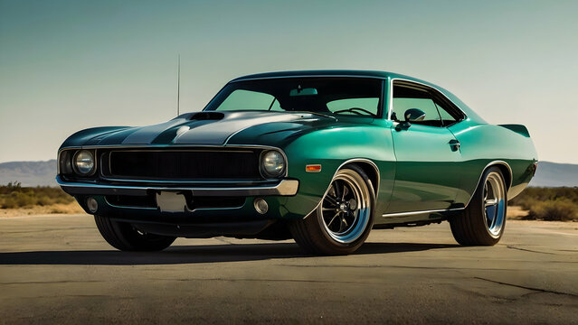 A sleek, vintage Mustang car with a black and green color scheme, parked on a street with a clear sky in the background.