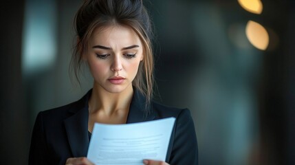 A businesswoman standing in court with a bankruptcy document in hand, his expression filled with regret and loss
