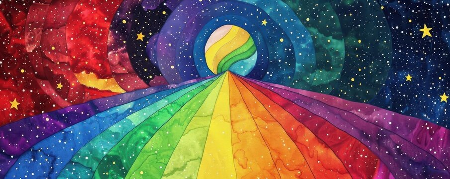 A rainbow road leading into the stars, symbolizing a journey through the colorful realms of the mind