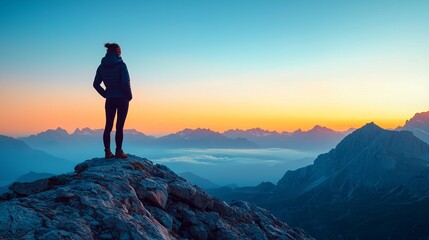 Fototapeta premium A solitary figure stands atop a mountain peak, gazing at a breathtaking sunset over the valley and surrounding peaks.