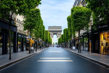 Fototapeta premium Champs-Ã‰lysÃ©es, Paris, with a view of the Arc de Triomphe in the distance, lined with trees and elegant shops