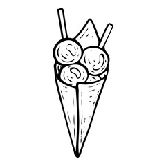 Meatballs hand drawn doodle. Deep fried beef balls on a stick. Packaging paper bag. Street snack. Fast food to go. Order in cafe. Time to eat. Vector sketch line art illustration.