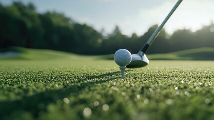 A close-up of a golf tee with a ball on it, set against a backdrop of a perfectly manicured fairway and a golf club positioned for the next shot.