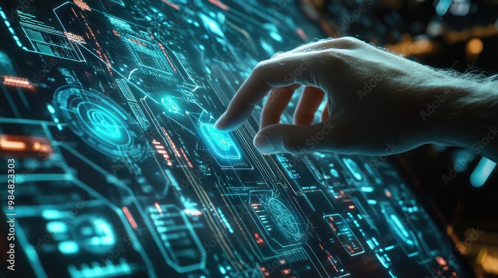 Poster a close-up of a hand touching a holographic screen displaying a digital network, with lines connecti