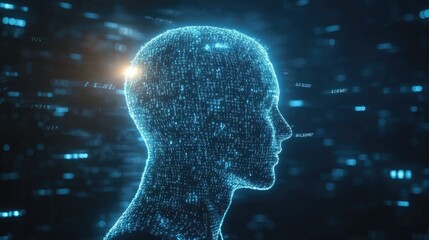 Digital human head made of binary code.