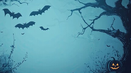 Naklejka premium Spooky twilight bat flying near haunted tree and pumpkin on halloween night with copy space