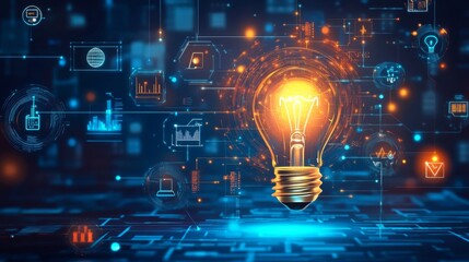 Fototapeta premium Glowing light bulb among digital icons displaying innovation, technology, and creativity in a futuristic background.