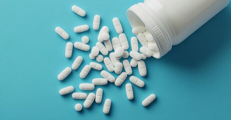 White tablets spilled from a white bottle on a blue background in a healthcare setting
