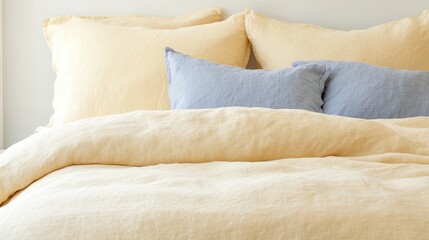 A cozy bedroom features a mustard yellow linen coverlet on the bed, accompanied by beige sheets and blue pillows, creating a warm and inviting environment