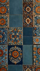 Floral decor on blue tile with intricate designs.