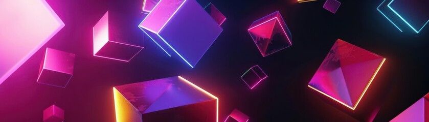 Bright, neon-colored geometric shapes floating in a dark, abstract space, representing futuristic and imaginative design