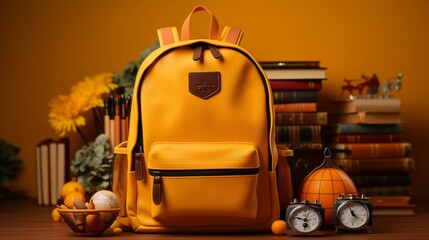 Opened School backpack with stationery on yellow bag.
