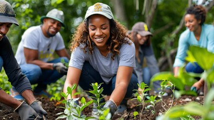 A group of enthusiastic volunteers is engaged in planting young saplings in a verdant landscape. The teamwork and joy of giving back to nature are evident under the bright sun.