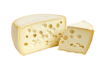 Emmental cheese wheel isolated on a white transparent background. Concept of dairy products and cheese