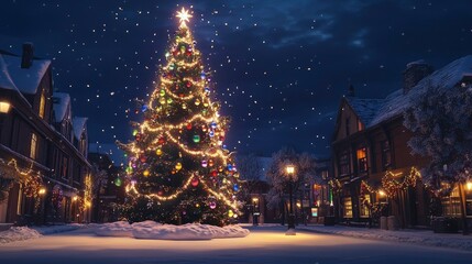 Naklejka premium A grand Christmas tree in the center of a snowy town square, lit up with multicolored ornaments and bright lights.