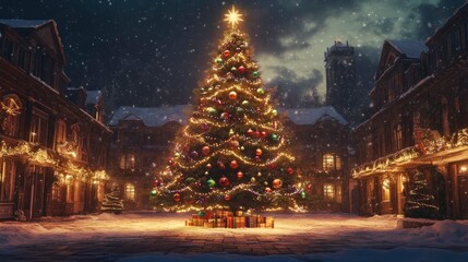 A grand Christmas tree in the center of a snowy town square, lit up with multicolored ornaments and bright lights.
